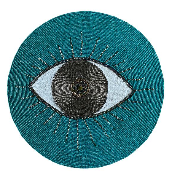 WORLD TRAVELER Beaded 15in Placemat Charger EVIL EYE Turquoise Blue Rare HTF New - Picture 1 of 11